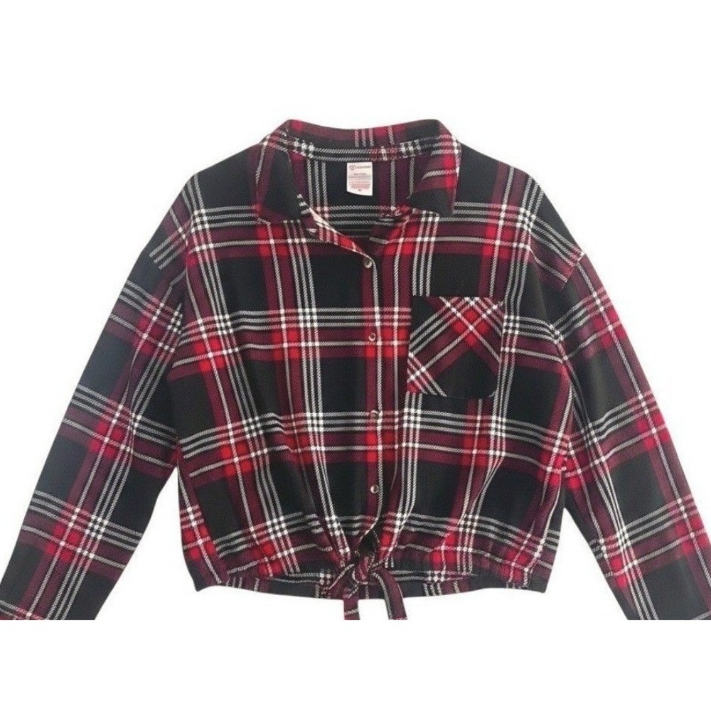 No Boundaries Juniors Plaid Tie-Front Shirt L Red Black White Button Down Top